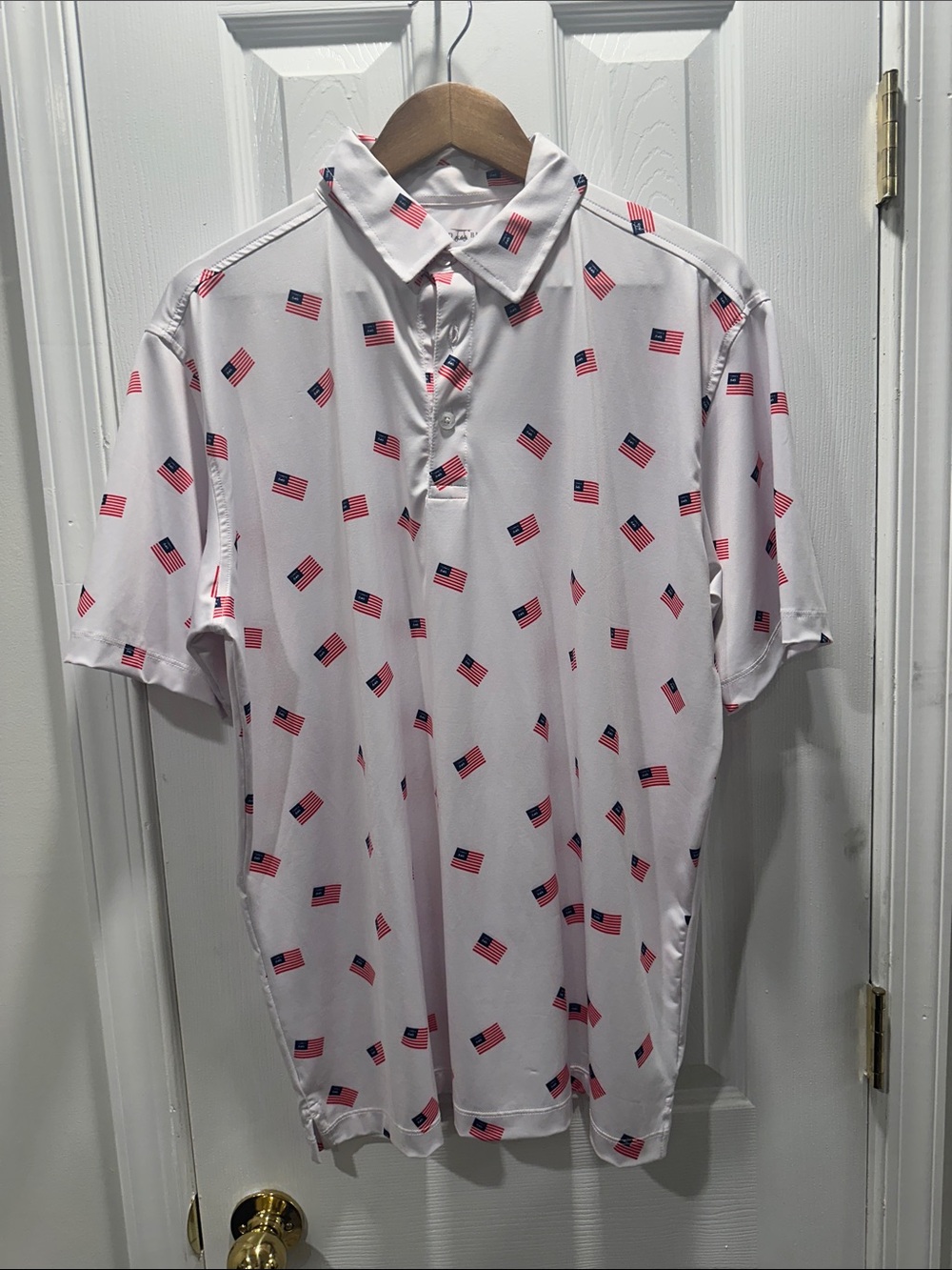 Men's White Polo with Small American Flag Print